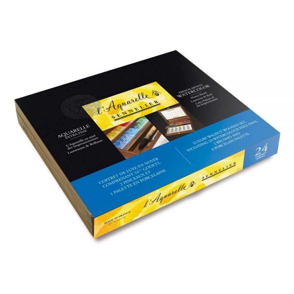 Acuarelas Sennelier Caja madera, 24 1/2 "godets", paleta porcelana, pinceles 2 y 3 - Imagen 2