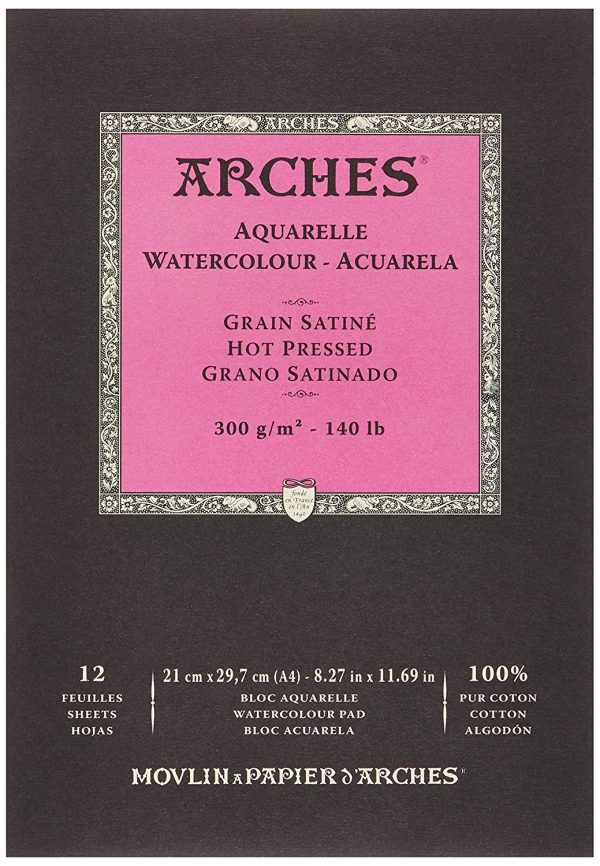 Bloc papel de acuarela Arches, A4 -12 hojas engomado 1 lado, grano satinado, 300 g/m² - 100% Algodón.
