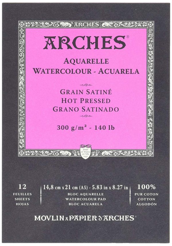 Bloc papel de acuarela Arches, A5 -12 hojas engomado 1 lado, grano satinado, 300 gr/m² - 100% Algodón.
