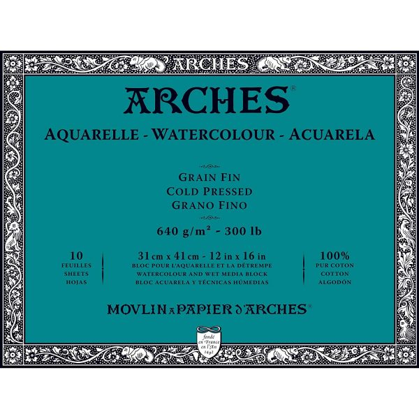 Bloc papel de acuarela Arches, 10 hojas engomado 1 lado, grano fino, 640 gr/m² Dimensiones 31 x 41 x 1 cm.- 100% algodón.