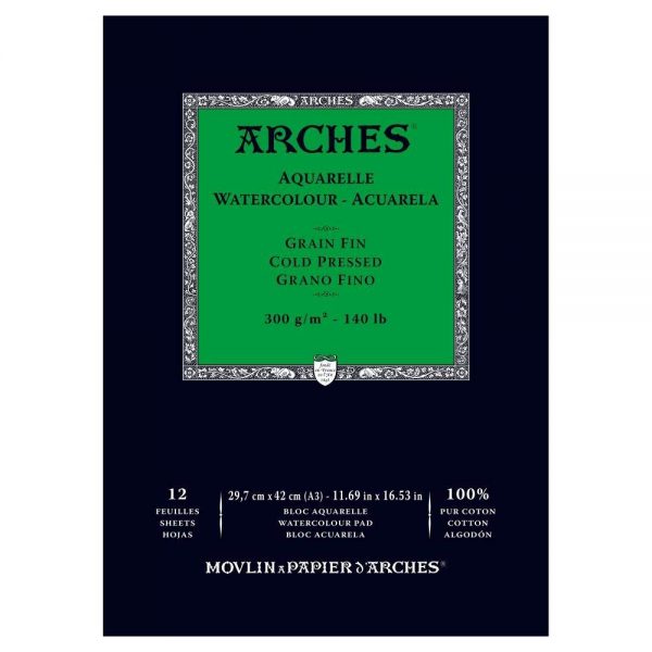 Bloc papel de acuarela Arches, 12 hojas engomado 1 lado, grano fino, 300 gr/m² Din. A3 - 100% algodón.