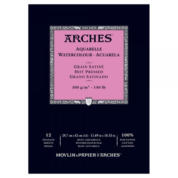 Bloc papel de acuarela Arches, 12 hojas engomado 1 lado, grano satinado, 300 gr/m² Din. A3 - 100% algodón.