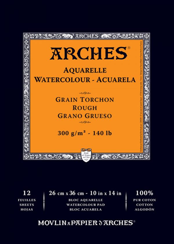 Bloc papel de acuarela Arches, 12 hojas engomado 1 lado, grano grueso, 300 gr/m² Dimensiones 36 x 26 x 1 cm.- 100% algodón.