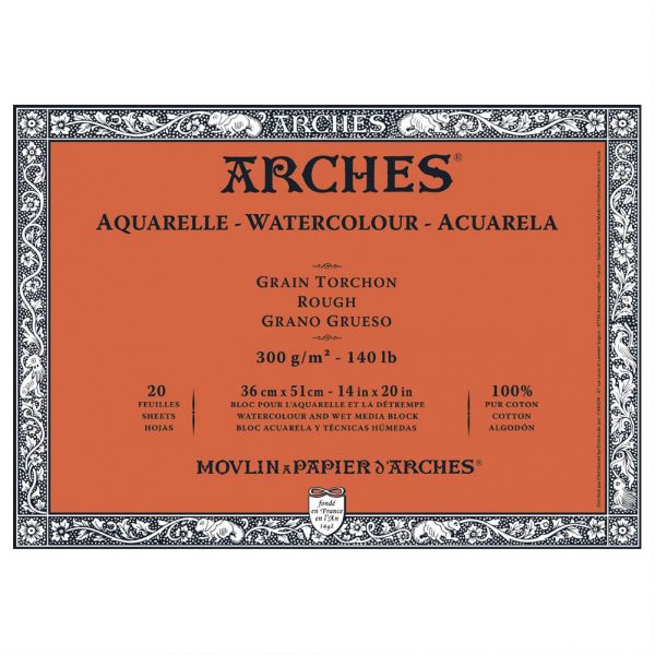 Bloc papel de acuarela Arches, 20 hojas engomado 1 lado, grano grueso, 300 gr/m² Dimensiones 36 x 51 x 1 cm.- 100% algodón.