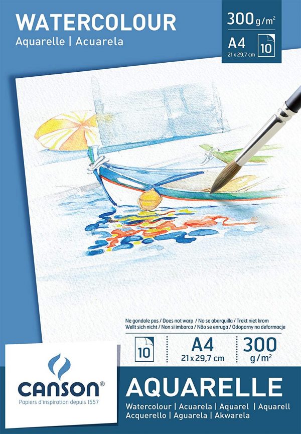 Bloc de papel para acuarela Canson A4, 10 hojas (21 x 29.7 cm) - 300 gr. Color blanco