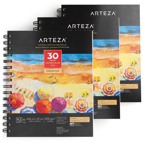 Pack, 3 blocs papel acuarelas ARTEZA A5 30 hojas de 300 gr