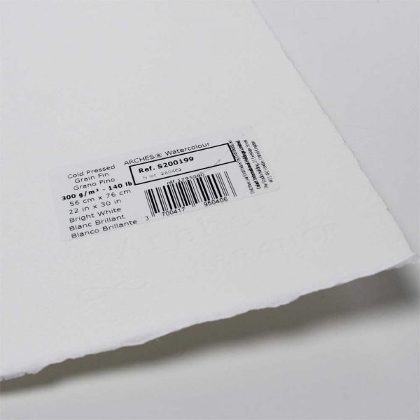 Set papel acuarela Arches – Juego de 10 hojas, grano fino, blanco brillante, 300 gr. Dimensiones 56 x 76 cm. 100% algodón